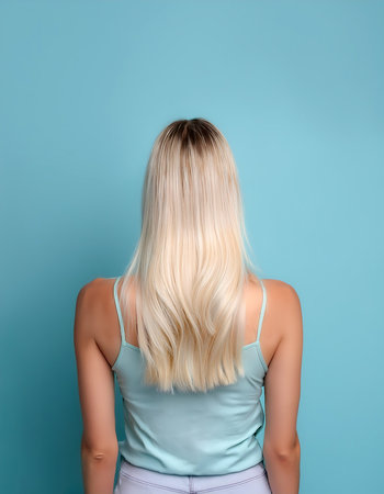 young woman with blonde hair standing with her back to the camera isolated on light blue pastel backgroundの写真素材