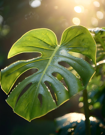 Monstera Deliciosa plant, on natural background. With dew and water dropsの写真素材