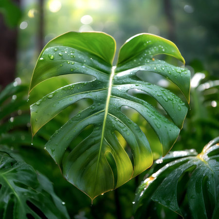 Monstera Deliciosa plant, on natural background. With dew and water dropsの写真素材