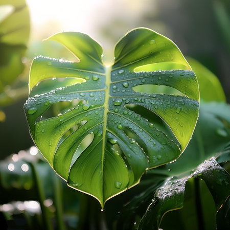 Monstera Deliciosa plant, on natural background. With dew and water dropsの写真素材