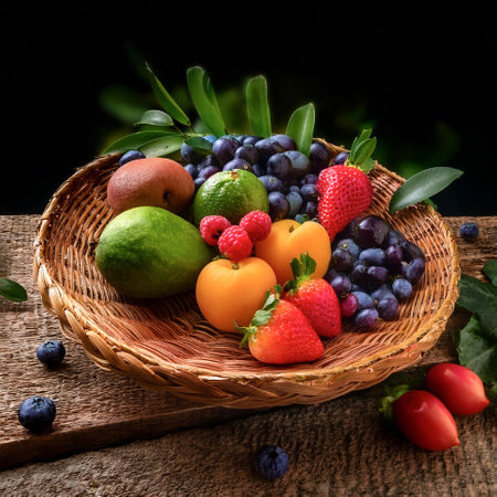berries arranged on a basketの写真素材