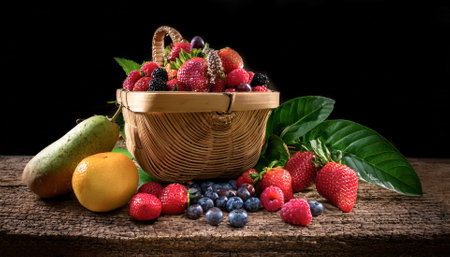 berries arranged on a basket or a rough wooden boardの写真素材