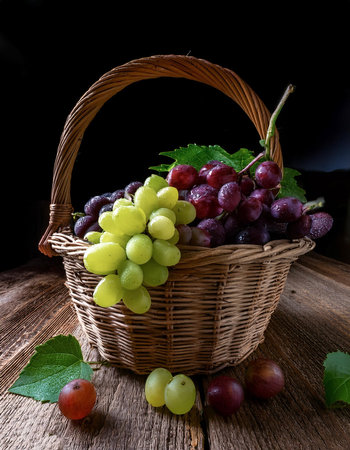 grapes arranged on a basket or rough wooden board