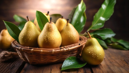 pears arranged on a basket or rough wooden boardの写真素材