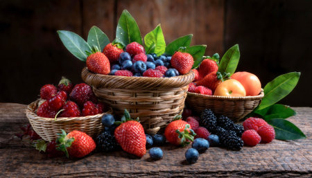 berries arranged on a basket or a rough wooden boardの写真素材