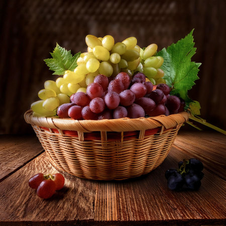 grapes arranged on a basket or rough wooden board