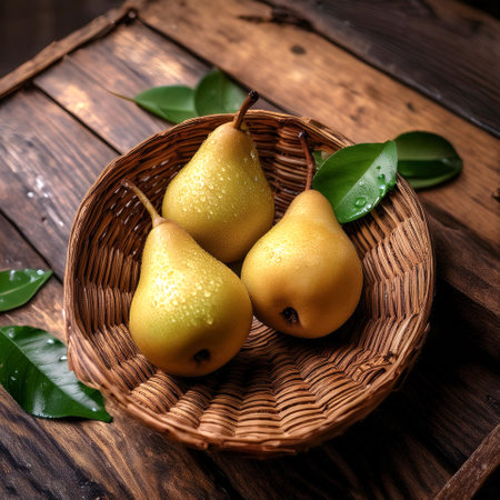pears arranged on a basket or rough wooden boardの写真素材