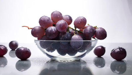 Dark purple grapes are placed in a transparent glass bowl with water dropsの写真素材