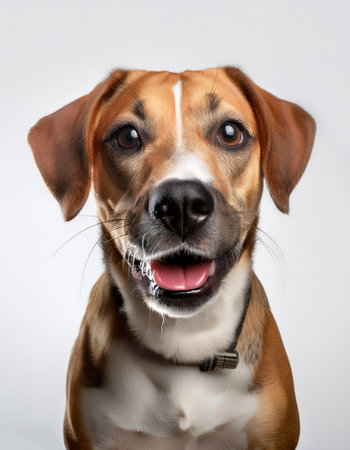 Dog showing cute expression or unique pose facing camera isolatedの写真素材