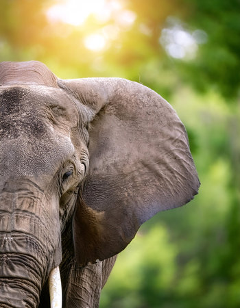 Elephant. Symbol of wisdom and strength with blur green bokeh backgroundの写真素材