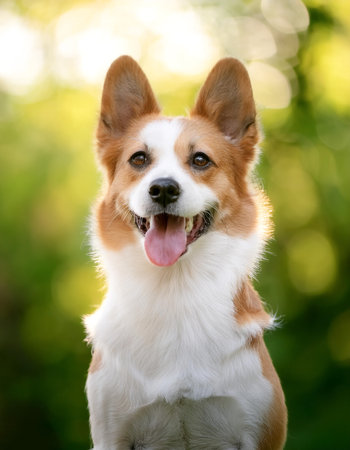 Dog is sitting showing cute expressionの写真素材