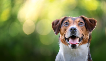 Funny dog ââexpression or funny pose with blur green bokeh backgroundの写真素材