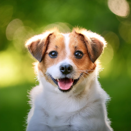 Funny dog ââexpression or funny pose with blur green bokeh backgroundの写真素材