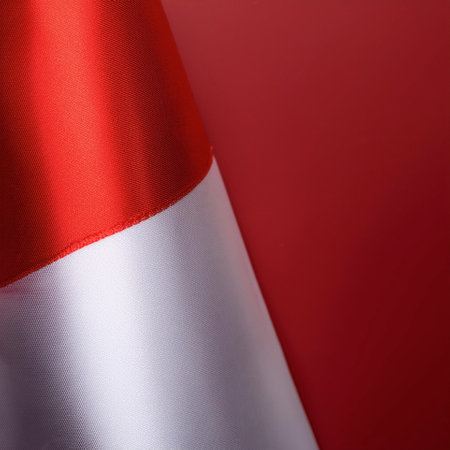 Indonesian flag waving in the wind on side position provides copy space for text isolated dark red backgroundの写真素材