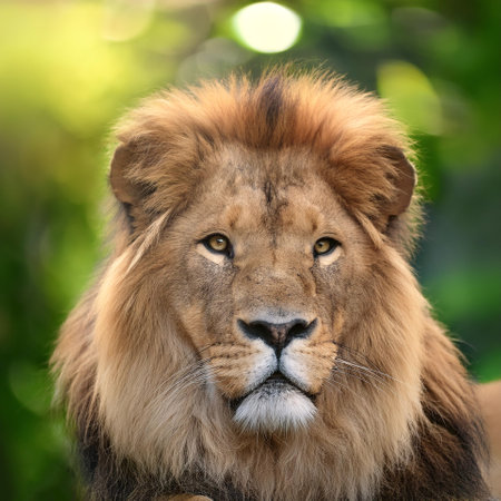 Lion. Symbolizes strength and courage with blur green bokeh backgroundの写真素材