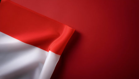 Indonesian flag waving in the wind on side position provides copy space for text isolated dark red...