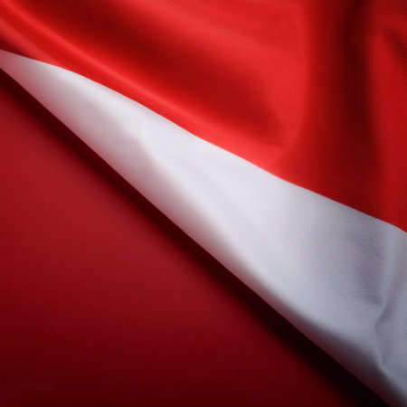 Indonesian flag waving in the wind on side position provides copy space for text isolated dark red backgroundの写真素材