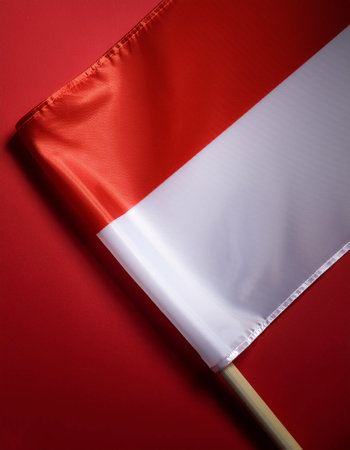 Indonesian flag waving in the wind on side position provides copy space for text isolated dark red backgroundの写真素材