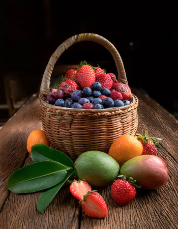 berries arranged on a basketの写真素材