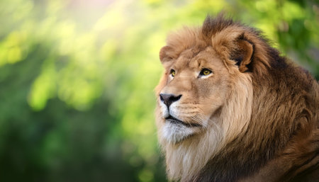Lion. Symbolizes strength and courage with blur green bokeh backgroundの写真素材