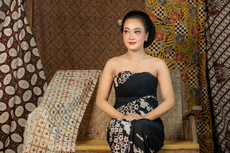 Elegant Indonesian woman wearing a traditional black batik dress, sitting gracefully on a wooden bench. She poses with confidence, classic makeup, and an authentic Javanese hairstyle.の写真素材