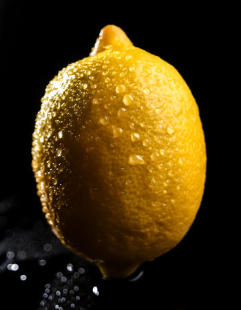 Close-up of fresh lemon with water drops on a solid black backgroundの写真素材