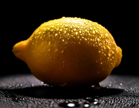 Close-up of fresh lemon with water drops on a solid black backgroundの写真素材