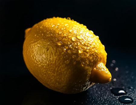 Close-up of fresh lemon with water drops on a solid black backgroundの写真素材