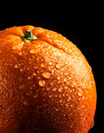 Close-up of fresh orange with water droplets on a solid black backgroundの写真素材