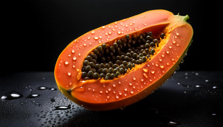 Close-up of fresh Papaya Fruit with water drops on a pitch solid black backgroundの写真素材