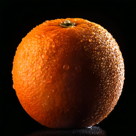 Close-up of fresh orange with water droplets on a solid black backgroundの写真素材