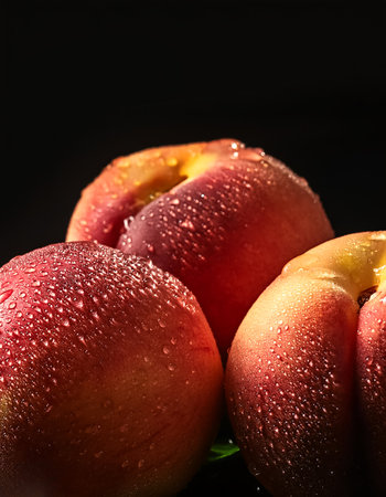 Close-up of fresh Peaches with water droplets on a solid black backgroundの写真素材