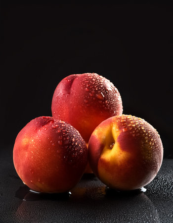 Close-up of fresh Peaches with water droplets on a solid black backgroundの写真素材