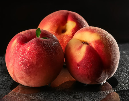 Close-up of fresh Peaches with water droplets on a solid black backgroundの写真素材