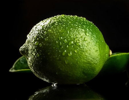 Close-up of fresh lime with water droplets on a solid black backgroundの写真素材