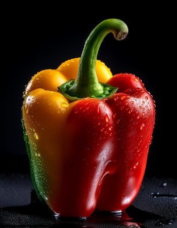 Close-up of fresh peppers with water droplets on a solid black backgroundの写真素材