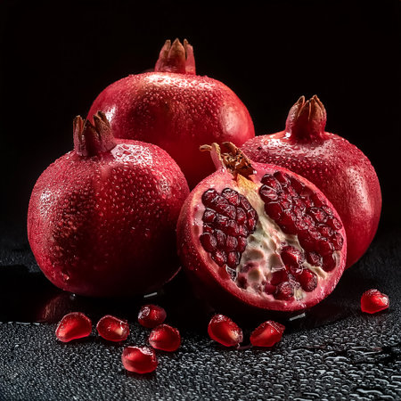 Close-up of fresh Pomegranates with water droplets on a solid black backgroundの写真素材