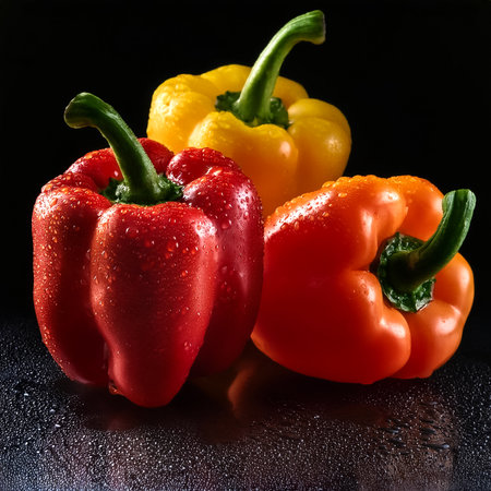 Close-up of fresh peppers with water droplets on a solid black backgroundの写真素材