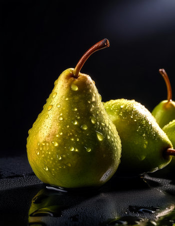 Close-up of fresh Pears with water droplets on a solid black backgroundの写真素材