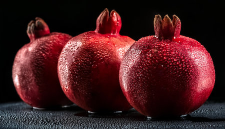 Close-up of fresh Pomegranates with water droplets on a solid black backgroundの写真素材