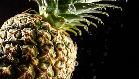 Close-up of fresh pineapple with water droplets on a solid black backgroundの写真素材