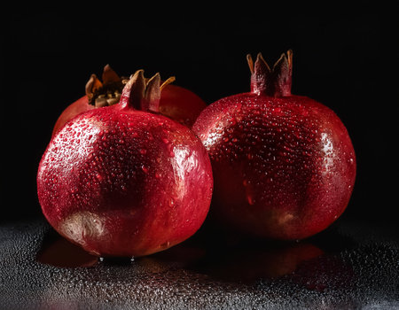 Close-up of fresh Pomegranates with water droplets on a solid black backgroundの写真素材