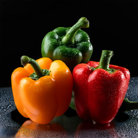 Close-up of fresh peppers with water droplets on a solid black background