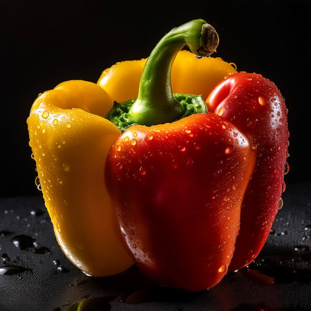 Close-up of fresh peppers with water droplets on a solid black backgroundの写真素材