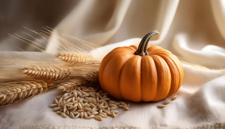 A mini pumpkin is placed on a cream linenの写真素材