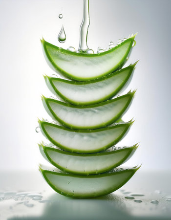 Aloe vera slices with transparent gel visible at the tip, placed on a clean white surface with a few drops of water for a refreshing effect.の写真素材