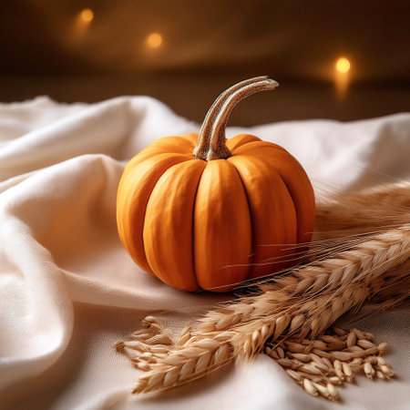 A mini pumpkin is placed on a cream linenの写真素材