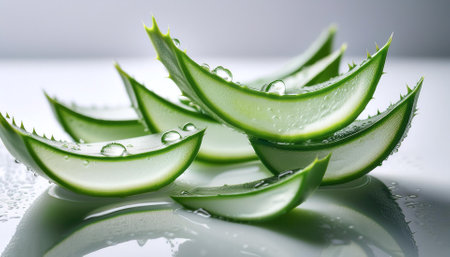 Aloe vera slices with transparent gel visible at the tip, placed on a clean white surface with a few drops of water for a refreshing effect.の写真素材