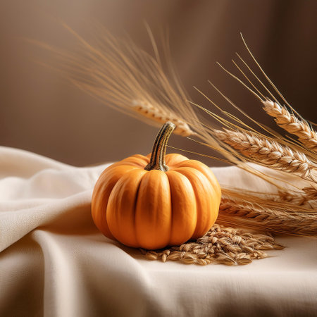 A mini pumpkin is placed on a cream linenの写真素材