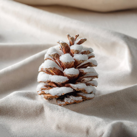 A pinecone covered in a little fake snow, placed on a cream or white linen cloth